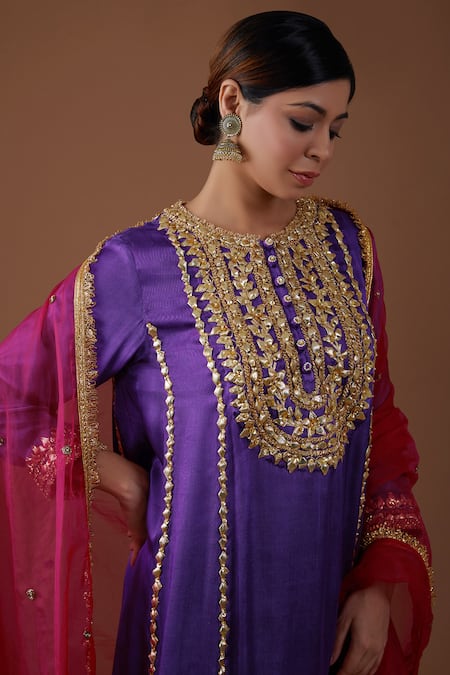 Preeti S Kapoor_Purple Silk, Organza Gota Patti, Pearls, Geometric Pattern Kurta Salwar Set _Online_at_Aza_Fashions