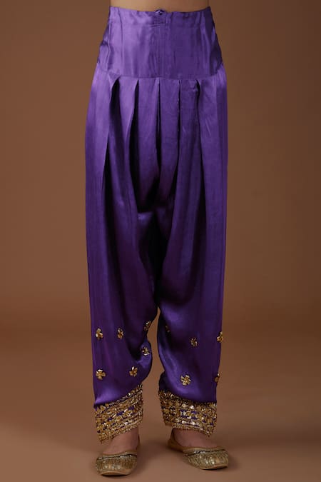 Buy_Preeti S Kapoor_Purple Silk, Organza Gota Patti, Pearls, Geometric Pattern Kurta Salwar Set _Online_at_Aza_Fashions