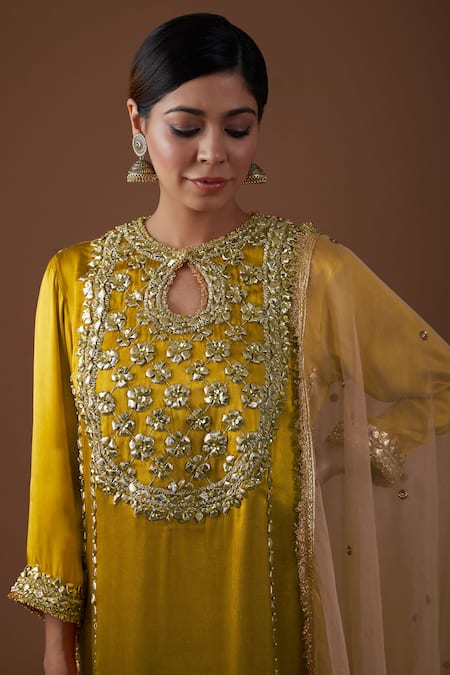 Preeti S Kapoor_Gold Silk, Organza Gota Patti, Sequins, Pearls, Embellished Kurta Salwar Set _Online_at_Aza_Fashions