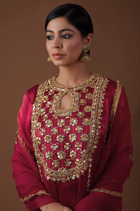 Preeti S Kapoor_Red Silk, Organza Fringe, Embroidery, Gota Sequin Embellished Kurta Salwar Set _Online_at_Aza_Fashions