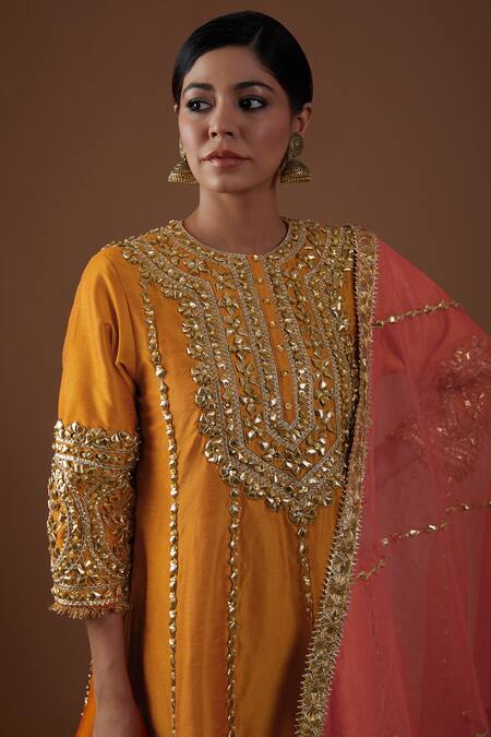 Preeti S Kapoor Gold Organza, Denim, Silk Gota Patti, Pearls, Sequins, Embellished Anarkali Set Online at Aza Fashions Preeti S Kapoor_Gold Organza, Denim, Silk Gota Patti, Pearls, Sequins, Embellished Anarkali Set _Online_at_Aza_Fashions