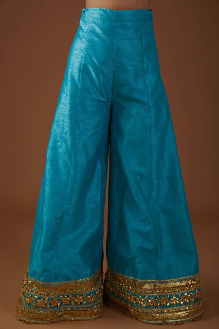 Buy_Preeti S Kapoor_Blue Silk, Organza Gota Patti, Pearls, Sequins, Hand A-line Kurta Pant Set _Online_at_Aza_Fashions