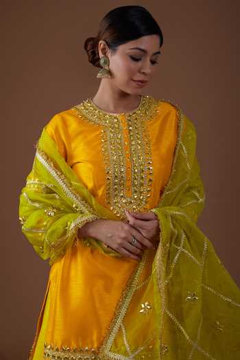 Preeti S Kapoor Yellow Silk, Organza Gota Patti, Sequins, Pearls, Hand A-line Kurta Sharara Set Online at Aza Fashions Preeti S Kapoor_Yellow Silk, Organza Gota Patti, Sequins, Pearls, Hand A-line Kurta Sharara Set _Online_at_Aza_Fashions