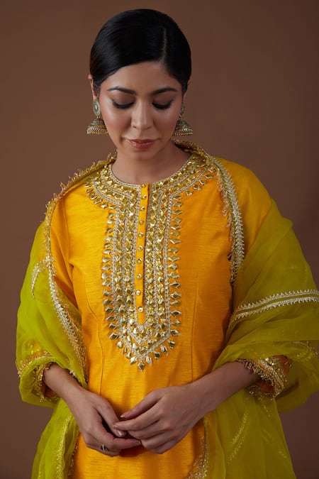 Preeti S Kapoor Orange Silk, Organza Gota Patti, Pearls, Sequins, Hand A-line Kurta Salwar Set Online at Aza Fashions Preeti S Kapoor_Orange Silk, Organza Gota Patti, Pearls, Sequins, Hand A-line Kurta Salwar Set _Online_at_Aza_Fashions