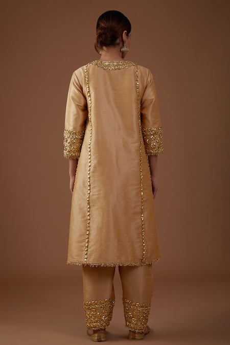 Shop Preeti S Kapoor Beige Silk, Organza Pearls, Sequins, Gota Embroidered A-line Kurta Salwar Set at Aza Fashions Shop_Preeti S Kapoor_Beige Silk, Organza Pearls, Sequins, Gota Embroidered A-line Kurta Salwar Set _at_Aza_Fashions