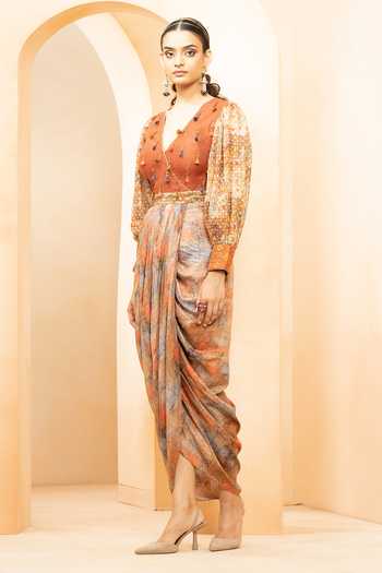 Studio Bagechaa_Multi Color Silk Embroidery V-neck Digital Print Draped Maxi Dress_Online_at_Aza_Fashions