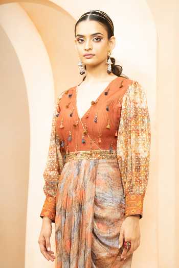 Buy_Studio Bagechaa_Multi Color Silk Embroidery V-neck Digital Print Draped Maxi Dress_Online_at_Aza_Fashions