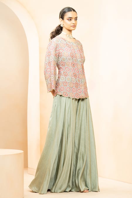 Studio Bagechaa Chanderi Printed Scalloped Top Pant Set 