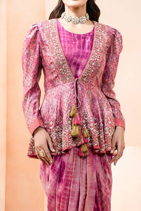 Buy Studio Bagechaa Fuchsia Silk Embroidery, Tassels Bandhani Maxi Draped Dress With Peplum Top Online at Aza Fashions Buy_Studio Bagechaa_Fuchsia Silk Embroidery, Tassels Bandhani Maxi Draped Dress With Peplum Top_Online_at_Aza_Fashions