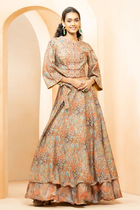 Teal Blue Multi Layered Bandhani Embroidered Lehnega