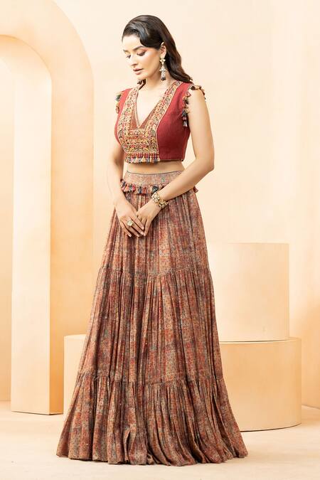 Buy_Studio Bagechaa_Red Chanderi Tassels V-neck Silk Printed Tiered Lehenga Set_Online_at_Aza_Fashions