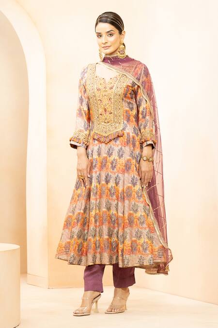 Studio Bagechaa_Multi Color Silk Tassels, Gota Patti Bloom Print And Embroidered Anarkali Pant Set_Online_at_Aza_Fashions