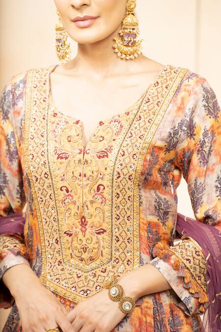 Buy_Studio Bagechaa_Multi Color Silk Tassels, Gota Patti Bloom Print And Embroidered Anarkali Pant Set_Online_at_Aza_Fashions
