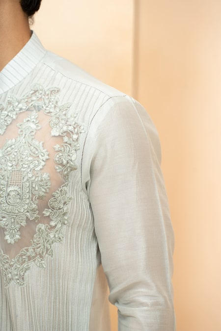 Studio Bagechaa_Grey Chanderi Embroidery Placed Floral Kurta With Pyjama Pant _Online_at_Aza_Fashions