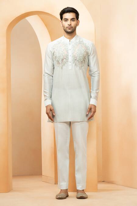 Buy_Studio Bagechaa_Grey Chanderi Embroidery Placed Floral Kurta With Pyjama Pant _Online_at_Aza_Fashions