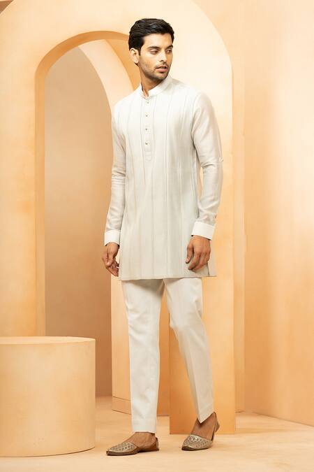 Buy_Studio Bagechaa_Grey Chanderi Embroidery Pintuck Short Kurta With Pyjama Pant _Online_at_Aza_Fashions