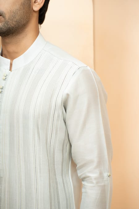 Studio Bagechaa_Grey Chanderi Embroidery Pintuck Short Kurta With Pyjama Pant _Online_at_Aza_Fashions