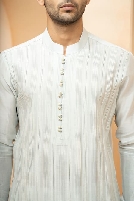 Buy_Studio Bagechaa_Grey Chanderi Embroidery Pintuck Short Kurta With Pyjama Pant _Online_at_Aza_Fashions