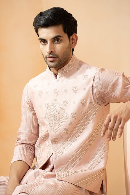 Shop Studio Bagechaa Pink Chanderi Embroidery Bundi Kurta Set Online at Aza Fashions Shop_Studio Bagechaa_Pink Chanderi Embroidery Bundi Kurta Set _Online_at_Aza_Fashions