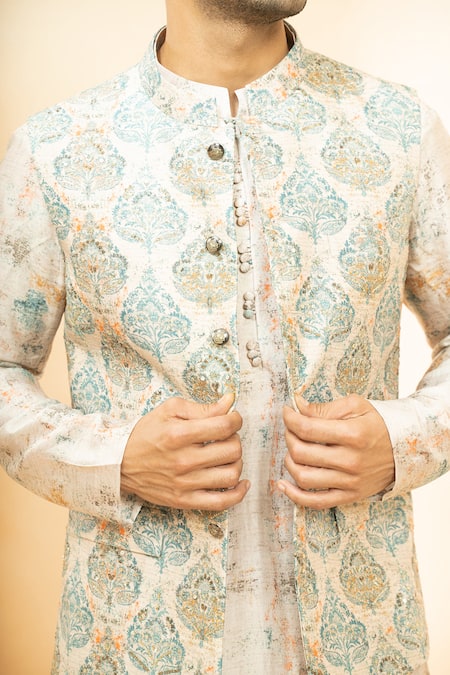 Shop Studio Bagechaa Ivory Chanderi, Silk Sequins, Embroidery Floral Print Bundi Kurta Set Online at Aza Fashions Shop_Studio Bagechaa_Ivory Chanderi, Silk Sequins, Embroidery Floral Print Bundi Kurta Set _Online_at_Aza_Fashions