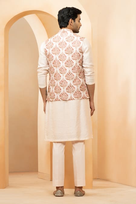 Shop Studio Bagechaa Ivory Chanderi, Silk Sequins Floral Mughal Print Bundi Kurta Set at Aza Fashions Shop_Studio Bagechaa_Ivory Chanderi, Silk Sequins Floral Mughal Print Bundi Kurta Set _at_Aza_Fashions