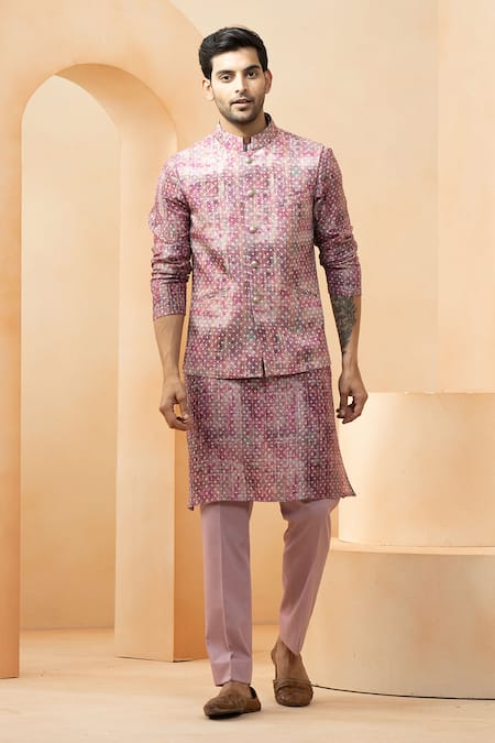 Studio Bagechaa Purple Chanderi Embroidery Bandhani Pattern Bundi Kurta Set 