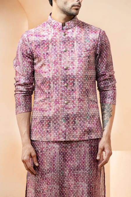 Studio Bagechaa Purple Chanderi Embroidery Bandhani Pattern Bundi Kurta Set Online at Aza Fashions Studio Bagechaa_Purple Chanderi Embroidery Bandhani Pattern Bundi Kurta Set _Online_at_Aza_Fashions