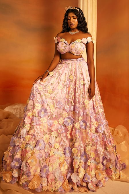 SAANJH BY LEA_Purple Satin, Polyester, Net Embroidery V-neck Sayeda 3d Floral Lehenga Set _at_Aza_Fashions