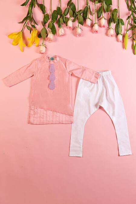 Turqidz By Shweta Aggarwal_Pink Chanderi, Cotton Satin, Linen Beads Embroidered Placket Kurta Set _Online_at_Aza_Fashions