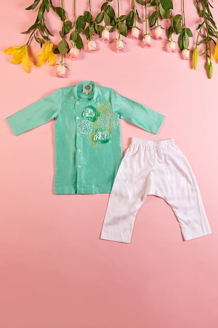 Buy Turqidz By Shweta Aggarwal Green Chanderi, Satin, Beads, 3d Flower Embroidered Kurta Set Online at Aza Fashions Buy_Turqidz By Shweta Aggarwal_Green Chanderi, Satin, Beads, 3d Flower Embroidered Kurta Set _Online_at_Aza_Fashions