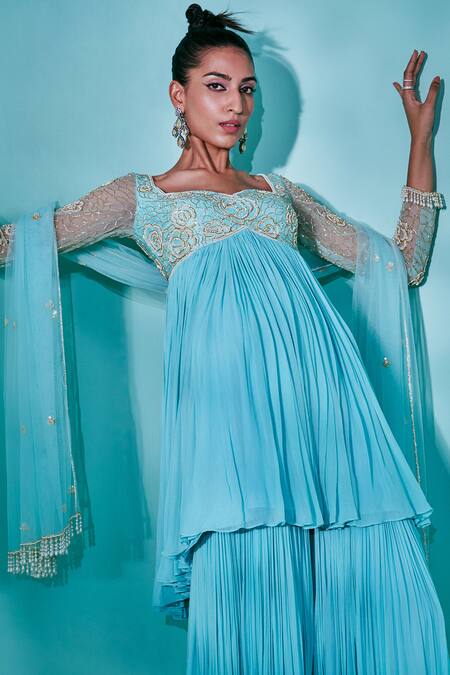 Buy_Nayantaara_Green Georgette, Net Beads, Cut Aquarose Embroidered Peplum Kurta Sharara Set _Online_at_Aza_Fashions
