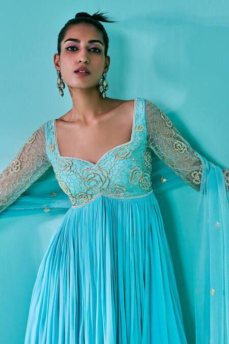 Shop_Nayantaara_Green Georgette, Net Beads, Cut Aquarose Embroidered Peplum Kurta Sharara Set _Online_at_Aza_Fashions