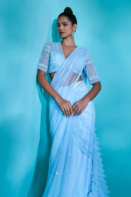 Nayantaara_Blue Net Sequins, Beads V-neck Ripple Embroidered Pre-draped Saree And Blouse Set _Online_at_Aza_Fashions
