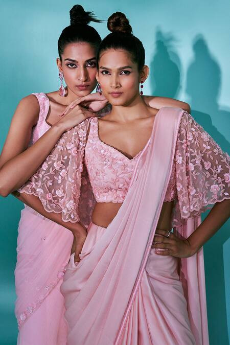 Buy_Nayantaara_Pink Satin, Georgette, Net, Silk Sequins, Beads, Love Potion Saree Cape Set _Online_at_Aza_Fashions