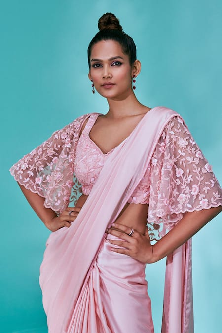 Shop_Nayantaara_Pink Satin, Georgette, Net, Silk Sequins, Beads, Love Potion Saree Cape Set _Online_at_Aza_Fashions