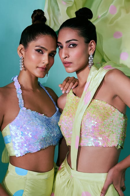 Shop_Nayantaara_Green Crepe Sequins One Shoulder Wavelet Printed Pre-draped Saree And Blouse Set _Online_at_Aza_Fashions