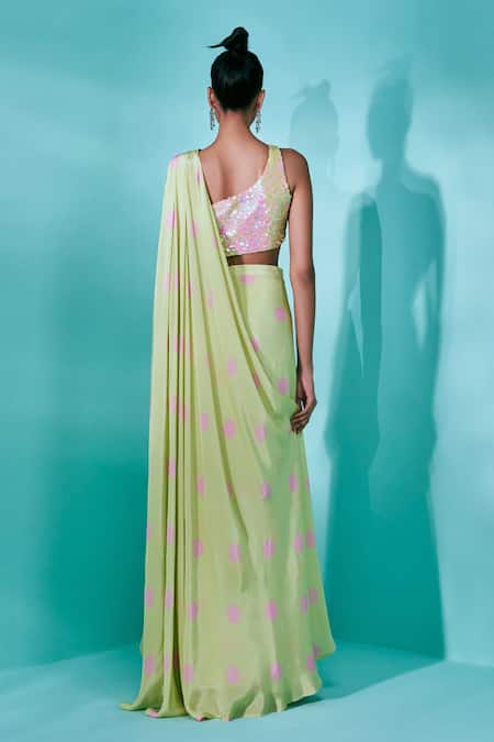 Nayantaara_Green Crepe Sequins One Shoulder Wavelet Printed Pre-draped Saree And Blouse Set _at_Aza_Fashions