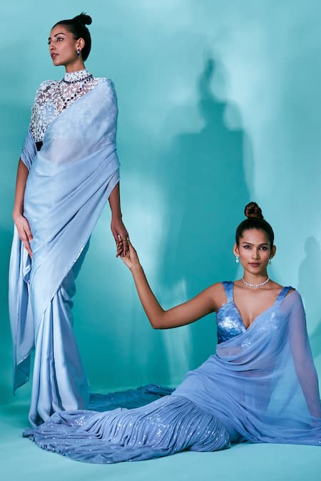 Buy_Nayantaara_Blue Georgette Sequins Plunge Neck Mirage Tiered Pre-draped Saree With Blouse _Online_at_Aza_Fashions