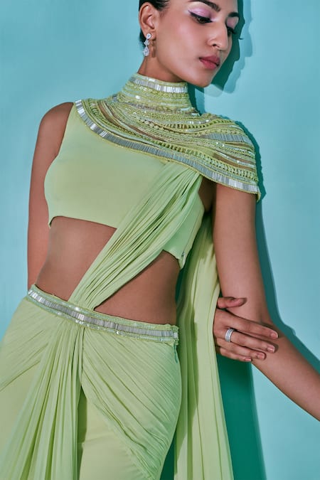 Buy_Nayantaara_Green Georgette, Net Sequins, Imperial Pre-draped Saree Embroidered Capelet Set _Online_at_Aza_Fashions