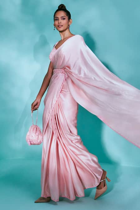 Nayantaara_Pink Satin, Georgette, Net, Silk Deep Sheen Saree Embroidered Blouse Set _Online_at_Aza_Fashions