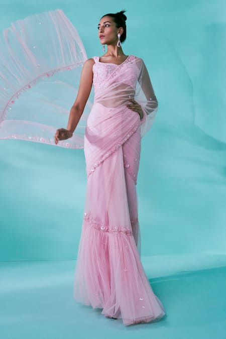 Buy_Nayantaara_Pink Net, Silk Embroidery Sweetheart Neck Floret Pre-draped Saree With Blouse _Online_at_Aza_Fashions