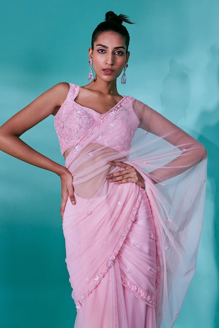 Shop_Nayantaara_Pink Net, Silk Embroidery Sweetheart Neck Floret Pre-draped Saree With Blouse _Online_at_Aza_Fashions