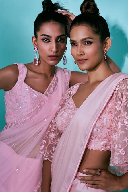 Nayantaara_Pink Net, Silk Embroidery Sweetheart Neck Floret Pre-draped Saree With Blouse _at_Aza_Fashions