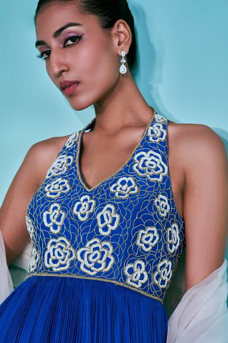 Shop Nayantaara Blue Chanderi Silk, Cotton, Organza Embroidery, The Sapphire Yoke Anarkali Set Online at Aza Fashions Shop_Nayantaara_Blue Chanderi Silk, Cotton, Organza Embroidery, The Sapphire Yoke Anarkali Set _Online_at_Aza_Fashions