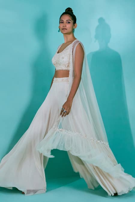 Buy_Nayantaara_Cream Net, Georgette Sequins, Natures Symphony Hand Embroidered Cape Sharara Set _Online_at_Aza_Fashions