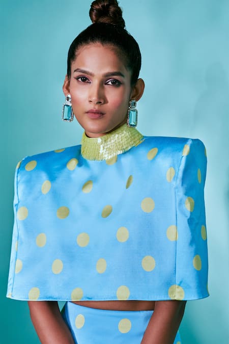 Nayantaara_Blue Satin Sequins High Neck The Bud Box Polka Dot Print Skirt Set _Online_at_Aza_Fashions