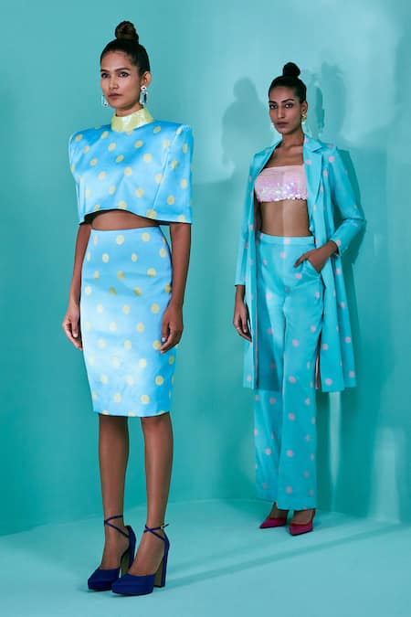 Buy_Nayantaara_Blue Satin Sequins High Neck The Bud Box Polka Dot Print Skirt Set _Online_at_Aza_Fashions
