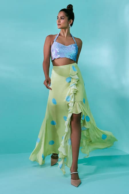 Nayantaara Blue Crepe Printed Polka Dots Halter Neck The Dancing Bud Skirt Set 