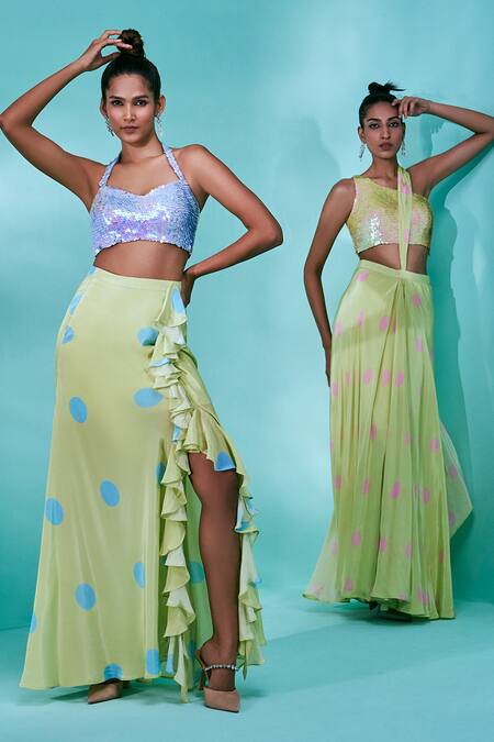 Buy_Nayantaara_Blue Crepe Sequins Halter Neck The Dancing Bud Polka Dot Print Skirt Set _Online_at_Aza_Fashions