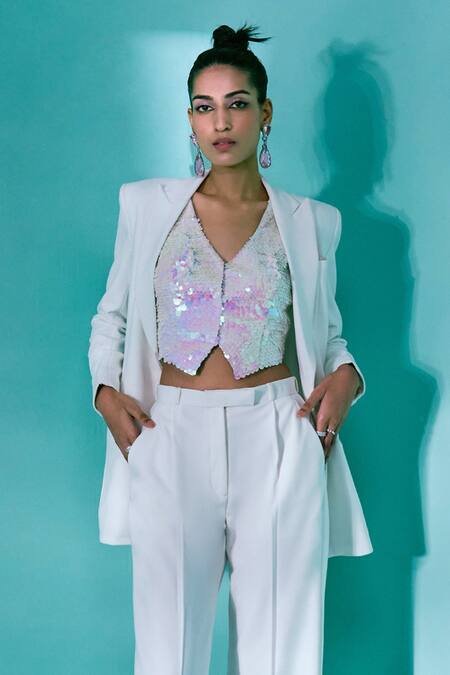 Buy_Nayantaara_White Georgette Sequins V-neck The Gleaming Lapel Collar Blazer Set _Online_at_Aza_Fashions